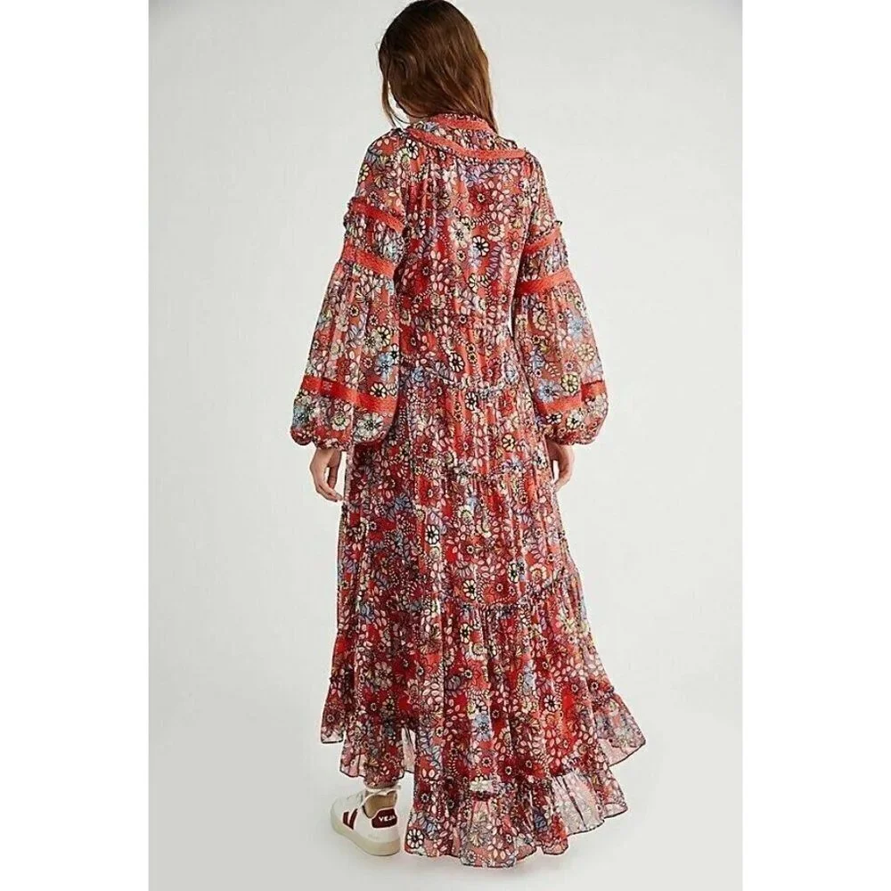 Free People Cassis Printed Chiffon Red Dress Flowy Maxi Party Size XS $168 NWT